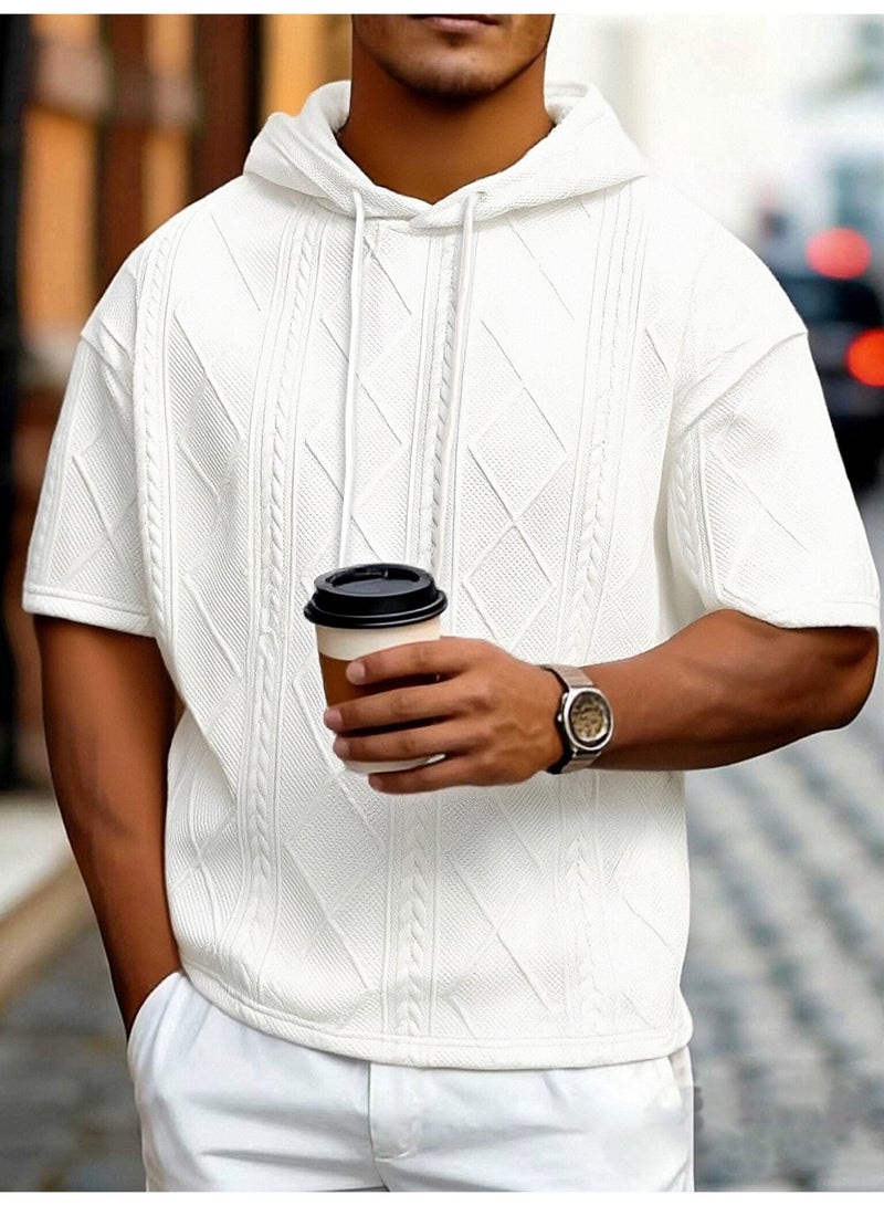 تيشيرت رجالي أبيض بغطاء رأس، بأكمام قصيرة، مزين بنسيج، برباط، مناسب للصيف - Image 1